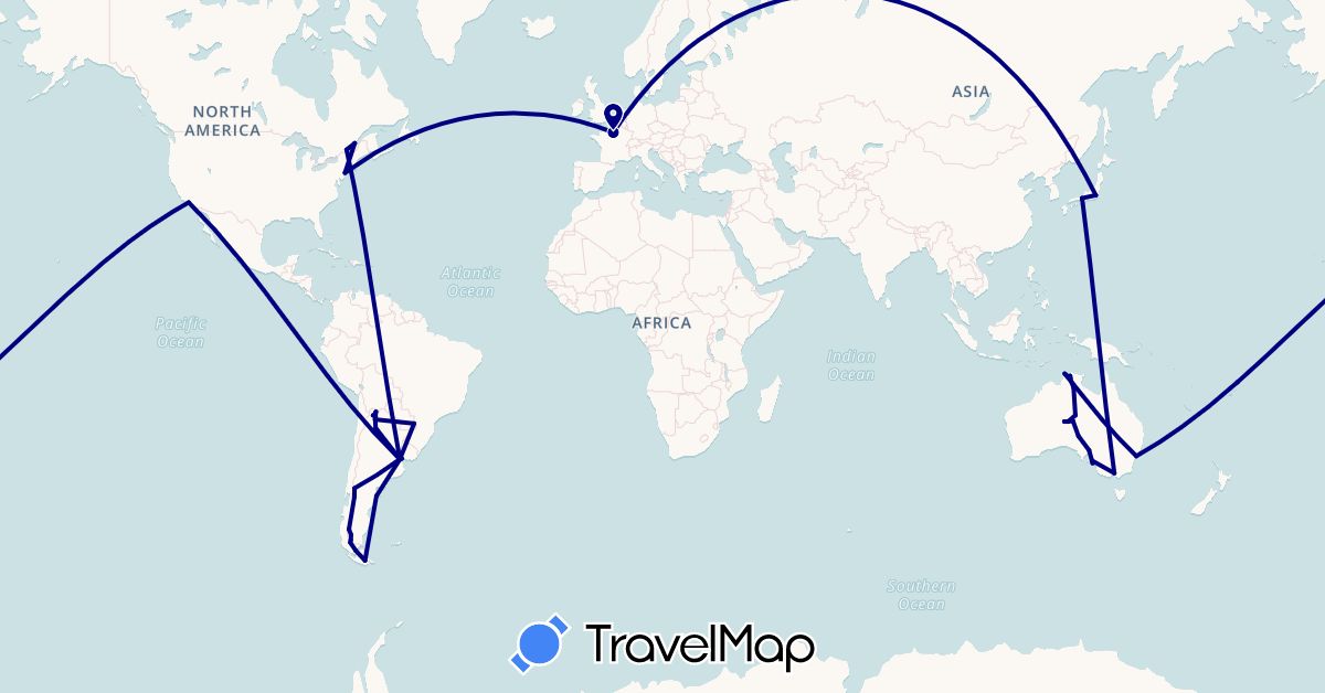 TravelMap itinerary: driving in Argentina, Australia, Canada, Chile, France, Japan, United States, Uruguay (Asia, Europe, North America, Oceania, South America)